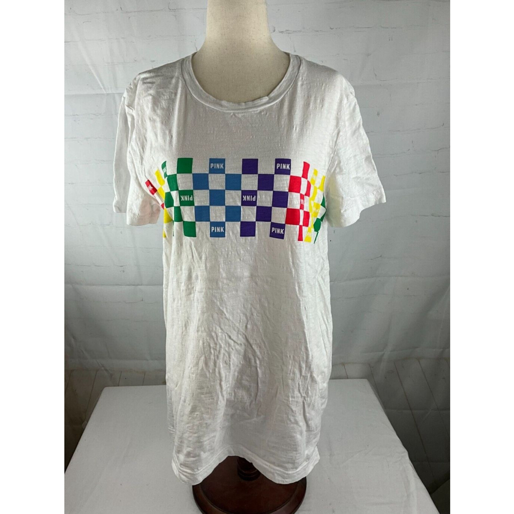 Women’s PINK Victoria’s Secret Rainbow Checkerboard Pride Shirt Size Small EUC